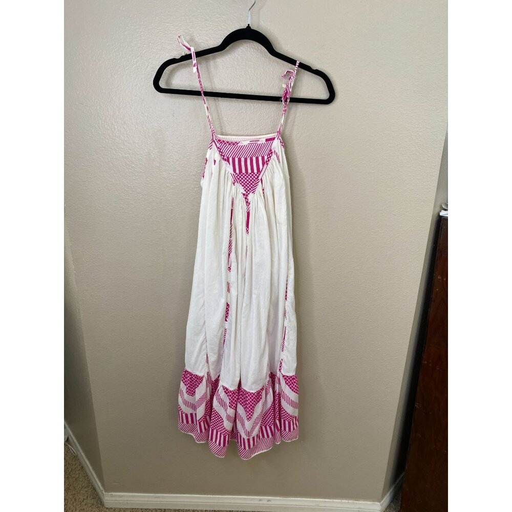 Boho White & Magenta Maxi Dress Adjustable Spaghetti Straps Striped Hem Graphic